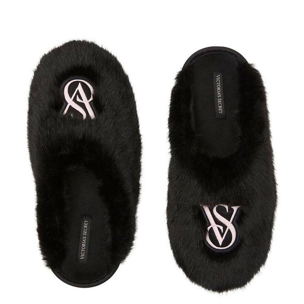 Victoria's Secret Classic Black Pink VS Logo Closed-Toe Faux Fur Slippers 7 / 8